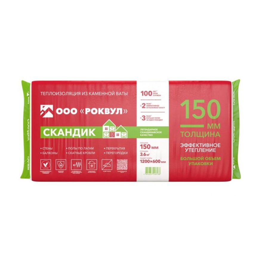 Утеплитель Роквул Скандик XL 150мм, 5 плит, 3.6м2, 600х1200мм, 0.54м3 Rockwool купить в Москве