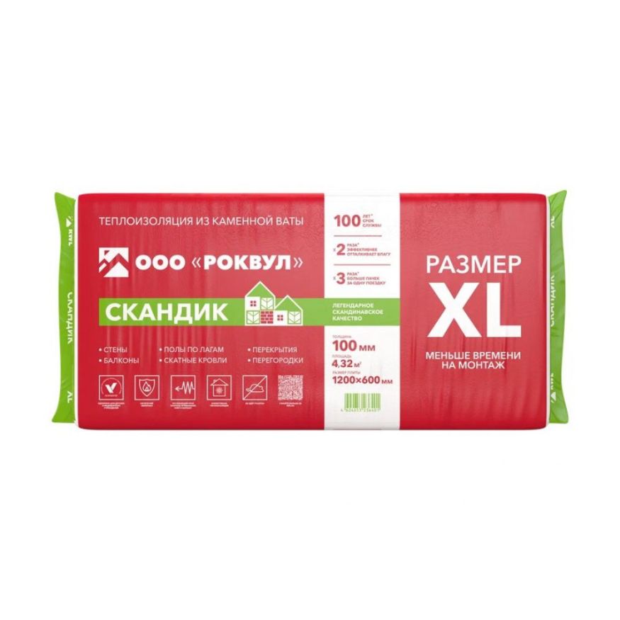 Утеплитель Роквул Скандик XL 100мм, 6 плит, 4.32м2, 600х1200мм, 0.432м3 Rockwool купить в Москве